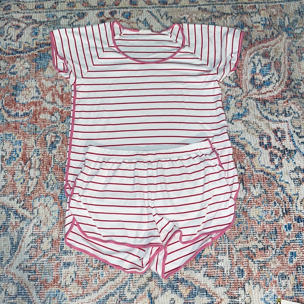 Women's Striped Short Sleeve Pajama Set - White with Pink Stripes
